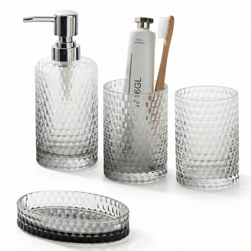 Bathroom Accessories Set, 4Pcs Clear Glass Bathroom Set, Hand Soap Dispenser, Toothbrush Holders, Tumbler, Bar Soap Dish for Modern Bath Decor Organizers and Storage Countertop Sink (Grey) - color: Grey