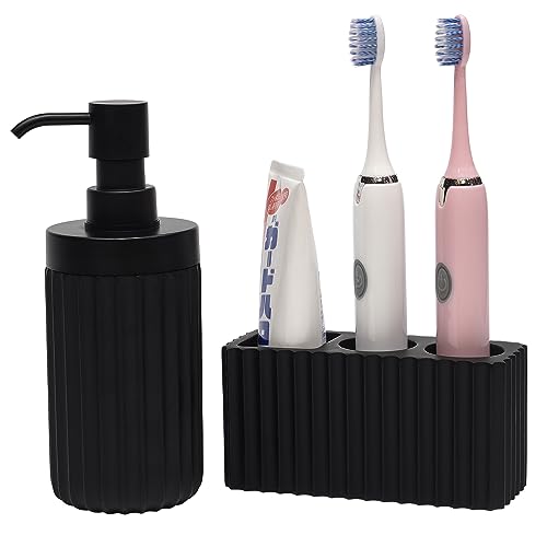 2PCS Bathroom Accessories Set with Large-Opening Ribbed Soap Dispenser and 3 Compartment Toothbrush&Toothpaste Holder,Resin Farmhouse Bathroom Decor Set Countertop Organizer-Matte Black