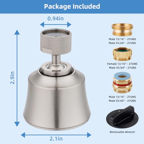 4 Modes Kitchen Sink Faucet Head Aerator, Big Angle Swivel, Brushed Nickel | Faucet Sprayer Attachment with 2 Ball Joint, 55/64-27UNS Famale Thread, Male Thread Adapter Included - color: Brushed Nickel, style: with 2 joint balls