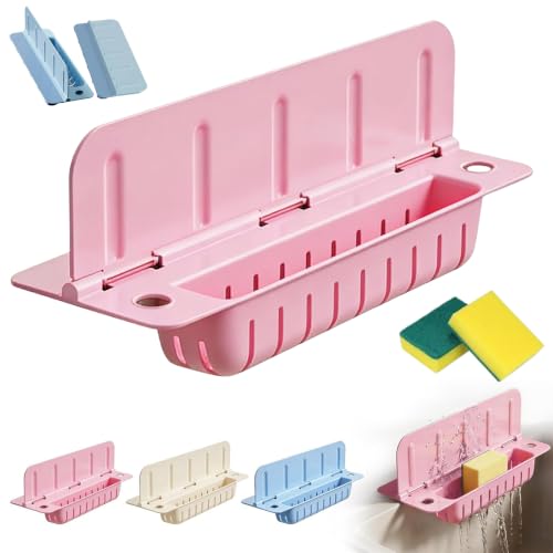 Foldable Sink Splash Guard with Suction Cups, 13.9 inch Sink Water Splash Guard, Detachable Reusable Kitchen Water Baffle Anti-Splash, with Flip-down Storage Rack, Easy to Clean (Pink) - color: Pink