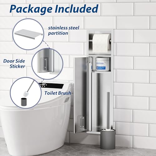 Qeke in Wall Toilet Brush Holder w/Cabinet, Brushed, 4" Depth | 304 Stainless Steel Rustproof Recessed Toilet Brush Holder, Tissue Paper Holder w/ Toilet Brush for Bathroom - color: Brushed Nickel