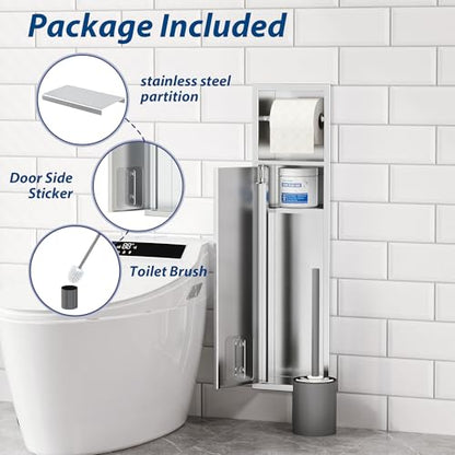 Qeke in Wall Toilet Brush Holder w/Cabinet, Brushed, 4" Depth | 304 Stainless Steel Rustproof Recessed Toilet Brush Holder, Tissue Paper Holder w/ Toilet Brush for Bathroom - color: Brushed Nickel