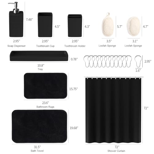 Black Bathroom Sets, Black Bathroom Accessories Set with Shower Curtain and No-Slip Bath Rugs, Natural Loofah Sponge, Soap Dispenser, Toothbrush Holder, Bathroom Tumbler and Tray for Bathroom - size: Bath Set+Shower Curtain+Bath Rugs+2PCS Loofah, style: B
