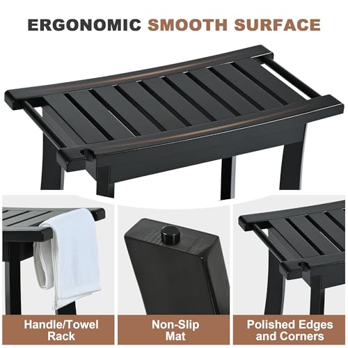24" Bamboo Shower Bench with Shelf for Bathroom, 300 lbs, Black | Sturdy 24-inch bamboo stool for shaving. Spa bench with shelf for indoor & outdoor. Anti-slip design for safe bathroom use. - size: 24" Bamboo