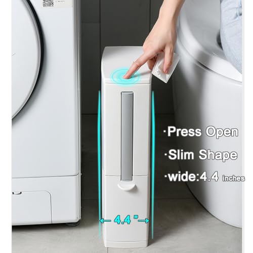 Slim Bathroom Trash Cans with Lid 4.4 Inches Wide/0.7 Gallon(3 Liters), Small Narrow Lidded Bathroom Trash Can with Toilet Brush for RV Camper, Tiny Garbage Can RV Accessories for Inside(Grey) - color: Grey