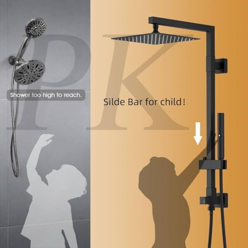 BESy All Metal 10 Inch Square Rainfall Shower Head with 2 In 1 Handheld Spray Combo Shower Sytem Shower Faucet Fixturer Showerhead Rain Set Hand Held Sprayer with Adjustable Slide Bar Brass Black