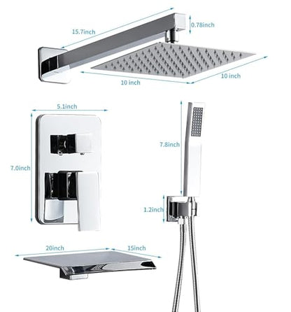 Chrome Shower Faucet Set with Tub Spout 10 Inch Shower Head | Tub and Shower Faucet Combo, Rain Shower and Handheld Shower System Square Wall Mount for Bathroom - color: Chrome, style: 10 Inch