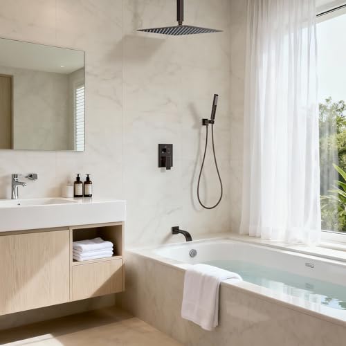 Oil Rubbed Bronze Shower System with Tub Spout, Ceiling Mounted Bathtub Shower Faucet Set, 12" Rainfall Shower Head and Handheld Shower Combo, High Pressure Shower Fixtures Set with Rough-in Valve - color: Oil Rubbed Bronze, style: 12" Ceiling Mounted Sho