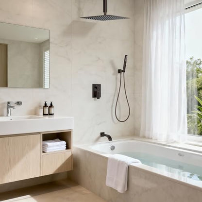 Oil Rubbed Bronze Shower System with Tub Spout, Ceiling Mounted Bathtub Shower Faucet Set, 12" Rainfall Shower Head and Handheld Shower Combo, High Pressure Shower Fixtures Set with Rough-in Valve - color: Oil Rubbed Bronze, style: 12" Ceiling Mounted Sho