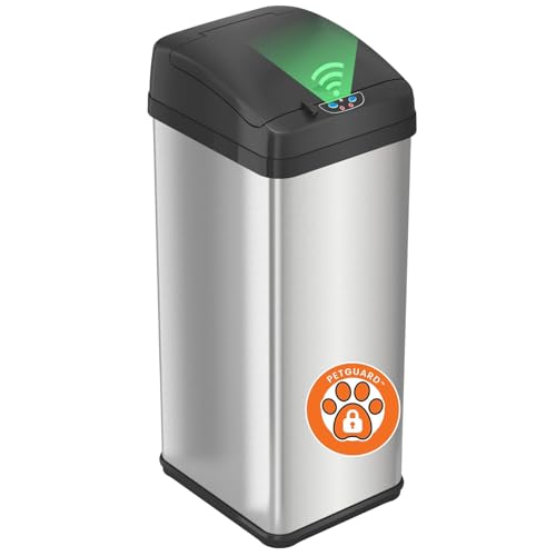 iTouchless 13 Gallon Dog Proof Trash Can with Odor Filter, Motion Sensor Stainless Steel Kitchen Trashcan Garbage Bin for Home Office Bedroom Living Room Garage Work Large Capacity Slim Wastebasket - color: Black, Silver 13 Gal With Pet Lock