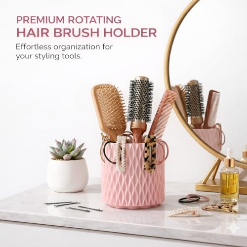 Pink Makeup Brush Holder, 360° Rotating Makeup Organizer | Cute 5-slot spinning vanity caddy for makeup brushes, lipstick & hair accessories — bathroom, dorm & office desk - style: Pink