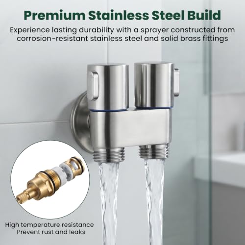 Handheld Bidet Sprayer for Toilet 1 in 2 Out Dual Control Valve, 304 Stainless Steel with Adjustable Pressure, Easy Installation Sprayer Kit for Bathroom Toilet Pet Cleaning