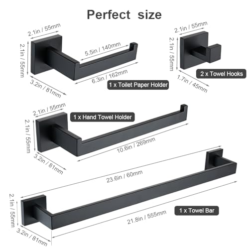 5-Piece Bathroom Hardware Set, 23.6 in Towel Bar, Matte Black | 304 stainless steel, towel ring, toilet paper holder, 2 robe hooks, wall-mounted, installation hardware included - color: Matte Black