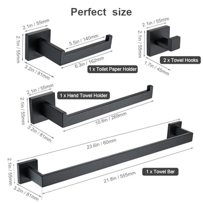 5-Piece Bathroom Hardware Set, 23.6 in Towel Bar, Matte Black | 304 stainless steel, towel ring, toilet paper holder, 2 robe hooks, wall-mounted, installation hardware included - color: Matte Black