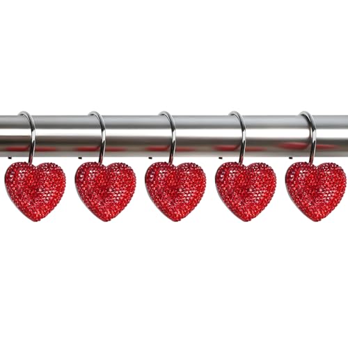 BBV Shower Curtain Hooks Rings for Valentine's Day, 12 Pcs Stainless Steel Glide Shower Hooks for Bathroom Shower Rods Curtains (Red Rhinestones) - color: Red Rhinestones