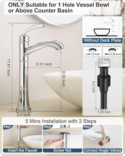 Tall Vessel Sink Faucet, Brass Bathroom Vessel Faucet, One Hole, Single Handle with Pop-Up Drain & Supply Water Hoses, No Leaks, Chrome - color: Chrome