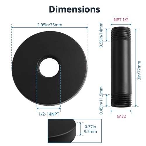 Straight Shower Arm with Flange, Ceiling Mount 3" Pipe, Matte Black | Neck Replacement, For High Pressure Fixed Rain Shower Head, 1/2" NPT, G1/2 - color: Round Matte Black 3 Inch