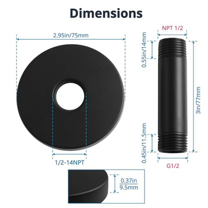 Straight Shower Arm with Flange, Ceiling Mount 3" Pipe, Matte Black | Neck Replacement, For High Pressure Fixed Rain Shower Head, 1/2" NPT, G1/2 - color: Round Matte Black 3 Inch