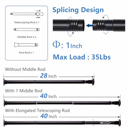 Black Shower Curtain Rod 28"-77", Never Rust Anti-Slip Adjustable Tension Curtain Rods No Drilling, Heavy Duty Spring Enlarged Diameter 1" Tension Rod for Bathroom/Closet/Room Divider - color: Black, size: 28"-77"