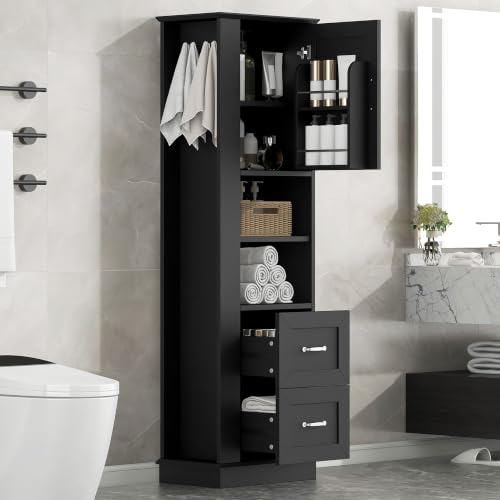 Tall Storage Cabinet, Bathroom Floor Freestanding Storage Cabinet with Upper Door Cabinet and Lower Two Drawers, Hook and Adjustable Shelf for Bathroom, Office, Living Room, Black - color: Black/2 Drawers