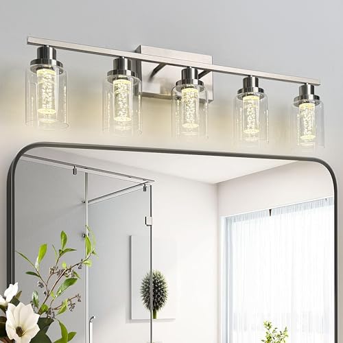 MELUCEE 5-Light Modern LED Vanity Lights for Bathroom Brushed Nickel | 5CCT Dimmable Bathroom Vanity Light Fixtures with Crystal Bubble Clear Glass Shade,3000K-6000K, Built-In LED Chips - color: Brushed Nickel, size: LED-5 Lights