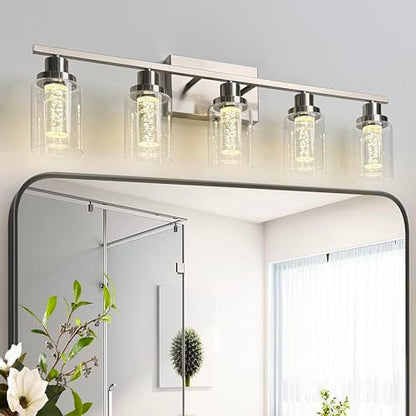 MELUCEE 5-Light Modern LED Vanity Lights for Bathroom Brushed Nickel | 5CCT Dimmable Bathroom Vanity Light Fixtures with Crystal Bubble Clear Glass Shade,3000K-6000K, Built-In LED Chips - color: Brushed Nickel, size: LED-5 Lights
