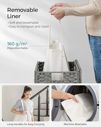 SONGMICS Laundry Hamper with Lid, 23.8 Gallon (90 L) Synthetic Rattan Clothes Laundry Basket with Lid and Handles, Foldable, Removable Liner, Dove Gray ULCB51WG - color: Dove Gray, size: 90 L