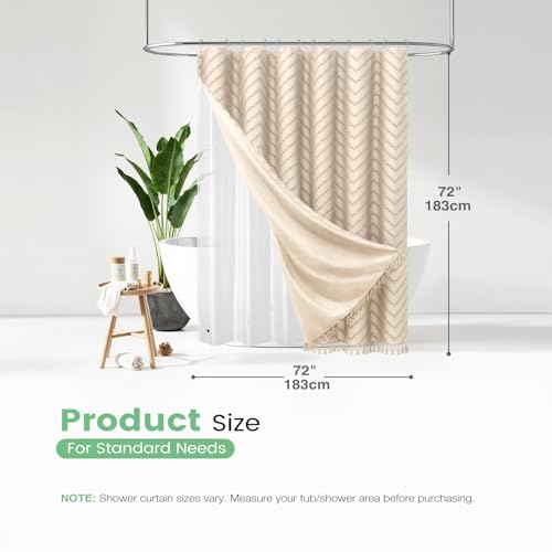 Boho Shower Curtain and Liner Set, Tufted Chevron Textured Tassel Shower Curtains for Bathroom and Waterproof Liner with Hook, 72" W x 72" L (Pack of 1), Beige 1 - color: Beige, size: 72"W x 72"L (Pack of 1)
