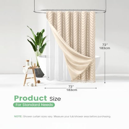 Boho Shower Curtain and Liner Set, Tufted Chevron Textured Tassel Shower Curtains for Bathroom and Waterproof Liner with Hook, 72" W x 72" L (Pack of 1), Beige 1 - color: Beige, size: 72"W x 72"L (Pack of 1)