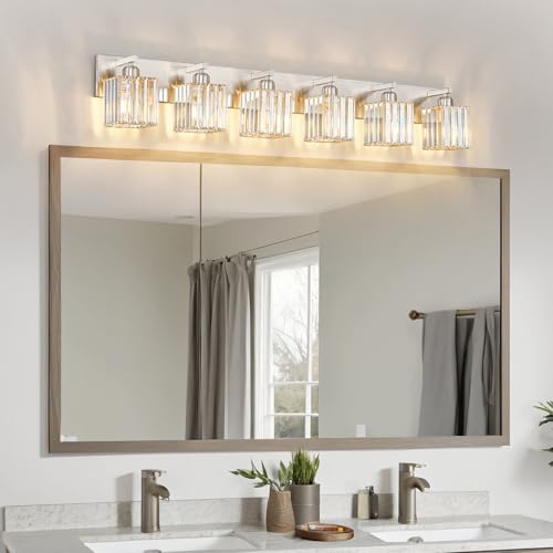 Modern Vanity Light 6-Lights Brushed Nickel Vanity Light Crystal Bathroom Wall Light Bathroom Light Fixtures - color: Nickel Straight, size: 6-light