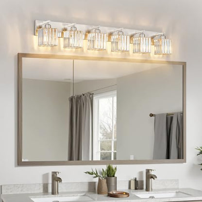 Modern Vanity Light 6-Lights Brushed Nickel Vanity Light Crystal Bathroom Wall Light Bathroom Light Fixtures - color: Nickel Straight, size: 6-light