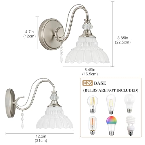 1 Piece Brushed Nickel Finish Wall Sconce, 1-Light Modern Wall Sconce with Hanging Crystal Accents and Flower-Shaped White Shades for Bathroom Bedroom Living Room,Modern Vanity Light - color: Nickel and White, size: 1-Light