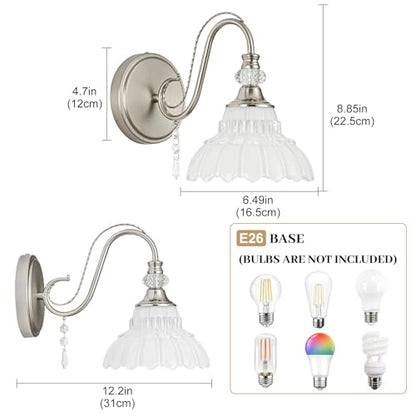 1 Piece Brushed Nickel Finish Wall Sconce, 1-Light Modern Wall Sconce with Hanging Crystal Accents and Flower-Shaped White Shades for Bathroom Bedroom Living Room,Modern Vanity Light - color: Nickel and White, size: 1-Light