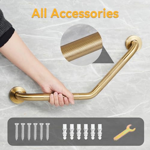 20 Inch Bathroom Grab Bar, Angled Grab Bar with Anti-Slip Knurled Grip, Brushed Gold Stainless Steel Bath Balance Bar, Safety Hand Rail Support, Handicap Elderly Senior Assist Bath Handle - color: Brushed Gold