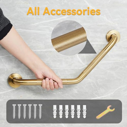 20 Inch Bathroom Grab Bar, Angled Grab Bar with Anti-Slip Knurled Grip, Brushed Gold Stainless Steel Bath Balance Bar, Safety Hand Rail Support, Handicap Elderly Senior Assist Bath Handle - color: Brushed Gold