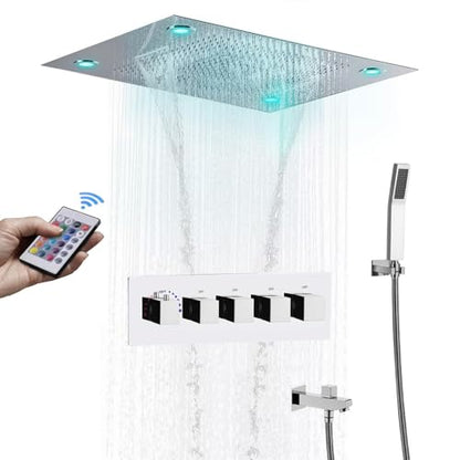 Cascada Classic Design 31 Inch (600mmx800mm) Large Rain Shower Set with Waterfall LED Rectangle recessed ceiling-mount 4 Function shower head (Brushed Gold) - color: Brushed Gold