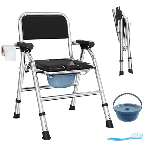 4 in 1 Folding Bedside Commode Chair for Elderly, Padded Seat & Backrest | Adjustable Height Raised Toilet Seat with Handles, Adults Potty Chair for Seniors, Disabled, Holds Up to 350 lbs - color: With Paper Roll Holder