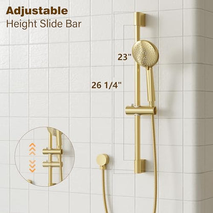Gabrylly Shower System, Slide Bar Shower Faucet Set, 12", Brushed Gold | Rainfall Shower Head with 5-Setting Handheld Spray, Wall Mounted Shower Set Included 2-Way Shower Valve and Trim Kit - color: Brushed Gold, size: 12 Inch