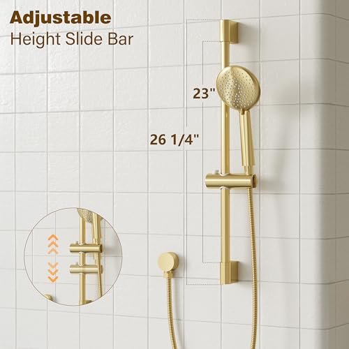 Gabrylly Shower System, Slide Bar Shower Faucet Set, 10", Brushed Gold | Rainfall Shower Head with 5-Setting Handheld Spray, Wall Mounted Shower Set Included 2-Way Shower Valve and Trim Kit - color: Brushed Gold, size: 10 Inch