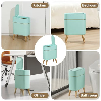 Touchless Bathroom Trash Can with Lid, Cute Tall Green Wastebasket | Waterproof,Narrow,Automatic,Convenient and Hygienic Easy to Use，2.6 gallon Small Garbage bin for Bedroom, Office，Living Room - color: Green