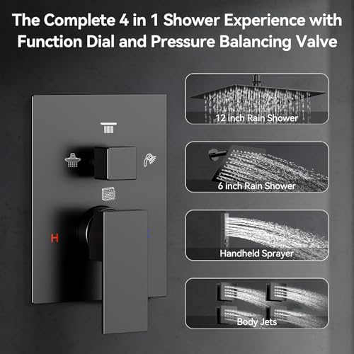 Shower System with Body Jets, Bostingner Four Modes Shower Faucet 12+6" Rain Shower Head with Handheld Spray 2 Ways, 4Pcs Shower Jets System in Wall Shower Faucet Sets Complete, Matte Black - color: Matte Black, size: 6+12 inch-01