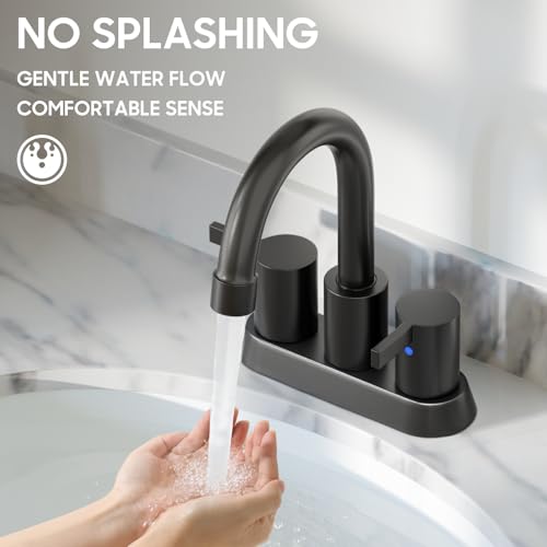 Phiestina 4 Inch 2 Handle Centerset Matte Black Lead-Free Modern Bathroom Faucet, 360 Swivel Spout 2-3 Hole RV Bathroom Vanity Sink Faucet with Pop Up Drain and Water Supply Lines,BF015-1-MB - color: Matte Black