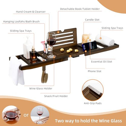Wood Bathtub Tray Table - Foldable Bath Tray for Tub with Expandable Handles, Wine Glass & Phone Holder, Book Stand - Enhance Home Spa Experience with Natural TeakMaterial, Walnut - color: Walnut