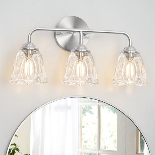 Vintage Batheoom Vanity Light, Brushed Nickel Vanity Lighting, Elegant 3-Light Bathroom Light with Flower Glass Shade, Lighting Fixture over Mirror, Wall Sconce Lighting for Bedroom Living Room - color: Nickel, size: 18.1in