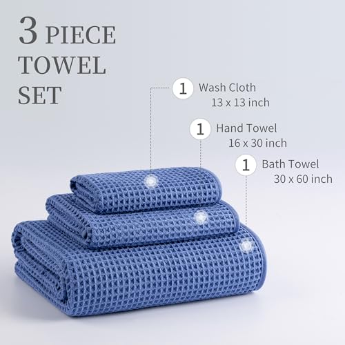 MICROFI New Microfiber Waffle Bath Towels, 3 Pieces, Oversized, Soft, Absorbent, Fast Drying, Lint Free, Includes Bath, Face and Hand Towels 430 GSM - color: Dark Blue