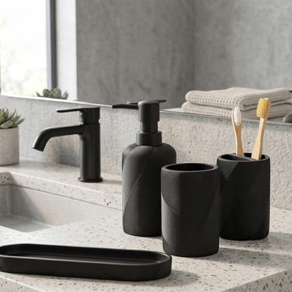 Bathroom Accessories Set, Bathroom Organizer Countertop, Matte Black, 4 PCS | Modern,Simple,Stripe, With 10OZ Soap Dispenser, Toothbrush Holder, Mouthwash Cup, Vanity Tray for Bathroom Home Hotel Office - color: Black1-4pcs