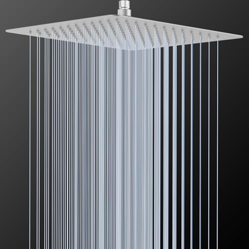 12 Inch Rain Shower Head, 12" Square Rainfall & High Pressure Stainless Steel Bath Shower Head, 1/16" Ultra Thin, Waterfall Full Body Coverage with Silicone Nozzle, Polished Chrome - color: Brushed Nickel, size: 12 Inch