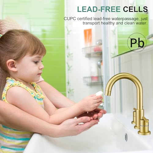 Faustina Gold Faucet Bathroom,Brushed Gold Bathroom Faucets 3 Hole,8 Inch Widespread Bathroom Faucet,4 Inch 12 Inch Bathroom Faucet with Drain Assembly,2-Handle Stainless Steel(Supply Line) - color: Gold, style: Modern Widespread