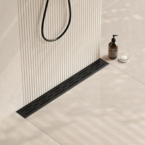 Neodrain 24-Inch Matte Black Linear Shower Drain with Brick Pattern Grate | 304 Stainless Steel,Durable Bathroom Floor Drain,Rectangle Linear Drain with Hair Strainer & Adjustable Feet,CUPC certified - color: Matte Black, size: 24 In