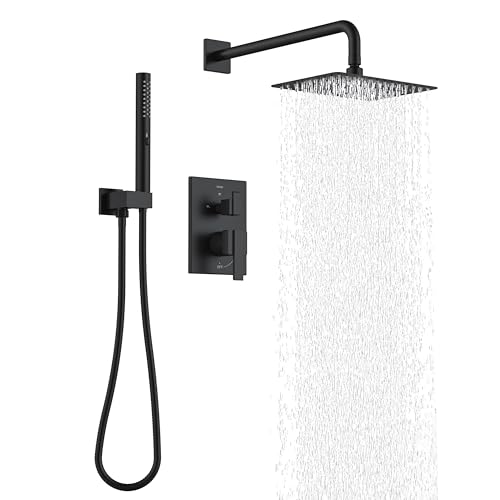 KENES Matte Black Rainfall Bathroom Shower System Rain Shower Head and Handle Set, Shower Faucet Set with 10-Inch Rain Showerhead and Handheld Spray, (Shower Valve Included), LJ-6026A-2 - color: Matte Black, style: Showerhead and Handheld